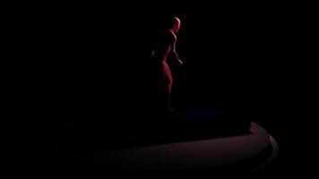 Dark footage.Design. A bright red silhouette of a man with shadows in 3d format runs over a dark background in abstraction video