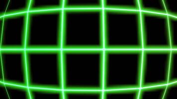 Moving curved neon grid. Design. Glowing cyber grid moves on black background. Grid in retro cyberpunk style video