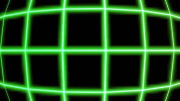 Moving curved neon grid. Design. Glowing cyber grid moves on black background. Grid in retro cyberpunk style video