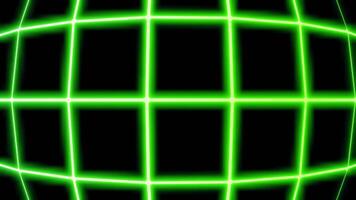 Moving curved neon grid. Design. Glowing cyber grid moves on black background. Grid in retro cyberpunk style video