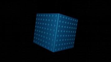 Black background. Design. A large square of blue color that revolves around itself in 3d format in abstraction. video