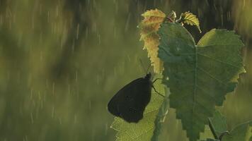 groen blad met regendruppels in de zomer in natuur zwaaiend in de wind. creatief. zomer regen vallend Aan groen blad Aan wazig onscherp achtergrond. video