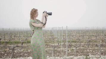 Jeune jolie femme prend des photos dans récolte champ. action. côté vue de femelle photographe dans une champ sur gris ciel Contexte. video