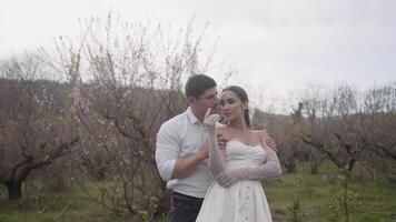 nozze sessione fotografica nel un' estate verde giardino. azione. bellissimo sposa e sposo amorevole coppia in posa insieme all'aperto. video