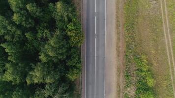 Top view of dividing line of forests and fields. Scene. Cars are driving on country highway with forest strip. Highway divides forest zone and field video