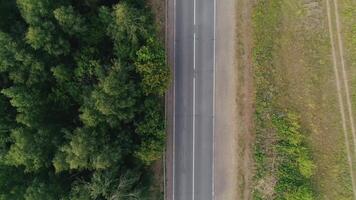 Top view of dividing line of forests and fields. Scene. Cars are driving on country highway with forest strip. Highway divides forest zone and field video