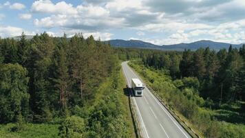 parte superior ver de camión conducción a lo largo autopista en bosque área. escena. camión es conducción a lo largo autopista entre verde bosque en antecedentes de montañas. camión va a lo largo ruta en bosque zona en soleado verano día video