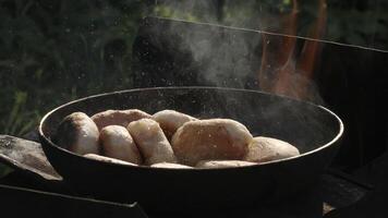 picknick Aan de straat. creatief . een groot pan Aan welke heerlijk vlees is gebakken en rook is komt eraan , schnitzels zijn gemaakt in natuur . video