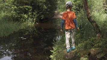 pojke promenader genom sommar skog. kreativ. pojke promenader ensam på skog spår på solig dag. gående i sommar skog video