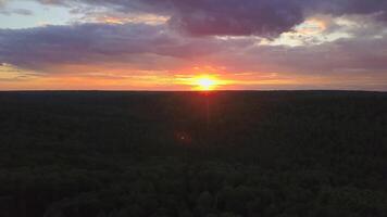 Beautiful nature of the sky from a bird's-eye view. Clip. A wonderful and bright sunset over a forest with purple clouds and a yellow sun. video