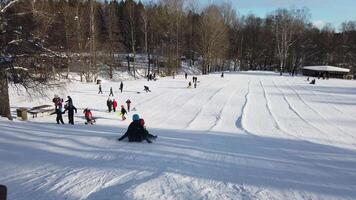 People of all ages enjoy sledding on a sunny morning in Scandinavia video