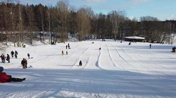 People of all ages enjoy sledding on a sunny morning in Scandinavia video