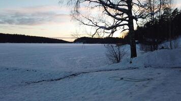 gens promenade pacifiquement à le coucher du soleil sur une congelé Lac dans Scandinavie. video