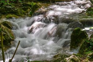 montaña corriente en el bosque - largo exposición y fluido agua foto