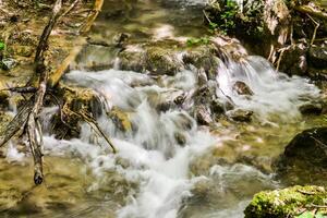 Mountain stream in the forest - long exposure and flowing water photo