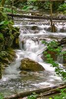 Mountain stream in the forest - long exposure and flowing water photo