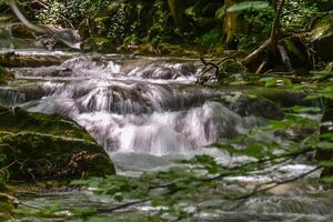 Mountain stream in the forest - long exposure and flowing water photo