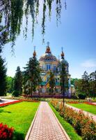 Beautiful white Russian Christian Orthodox Church. Religion photo