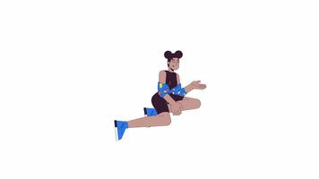 Stylish sporty woman african american line 2D character animation. Thought expressing flat color cartoon 4K , alpha channel. Sitting pose. Black girl gesturing animated person on white background video