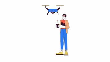 Asian man piloting quadcopter line 2D character animation. Capture aerial footage flat color cartoon 4K , alpha channel. Korean guy holding remote controller animated person on white background video