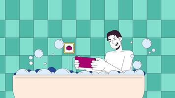 Asian man using smartphone while bathing line cartoon animation. Careless behavior in bathroom 4K motion graphic. Japanese male in danger 2D linear animated character on interior background video