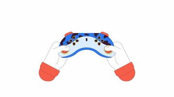 Holding gamepad line 2D character hands animation. Videogame controller buttons pressing flat color cartoon 4K , alpha channel. Game gadget. Operating joystick animated hands on white background video