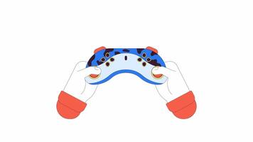 Tenere gamepad linea 2d personaggio mani animazione. video gioco controllore pulsanti urgente piatto colore cartone animato 4k , alfa canale. gioco gadget. operativo telecomando da gioco animato mani su bianca sfondo