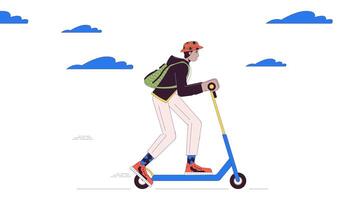 Indisch jong volwassen Mens rijden elektrisch scooter lijn tekenfilm animatie. stedelijk mobiliteit 4k beweging grafisch. zuiden Aziatisch vent Aan e-scooter 2d lineair geanimeerd karakter geïsoleerd Aan wit achtergrond video