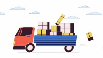 Losing packages while delivering line cartoon animation. Shipping failure 4K motion graphic. Boxes falling from lorry trailer 2D linear animated scene isolated on white background video