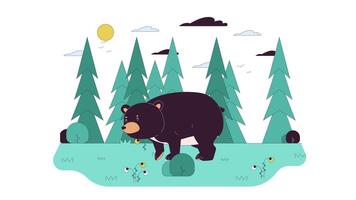 Bear running across forest line 2D character animation. Wild fauna reserved area flat color cartoon 4K , alpha channel. Preying predator in nature animated animal on white background video