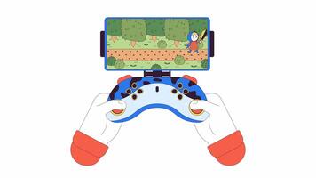 Cell phone gaming joystick line cartoon animation. game arcade adventure. Technology 4K motion graphic. Mobile controller for gamer 2D linear animated hands isolated on white background video