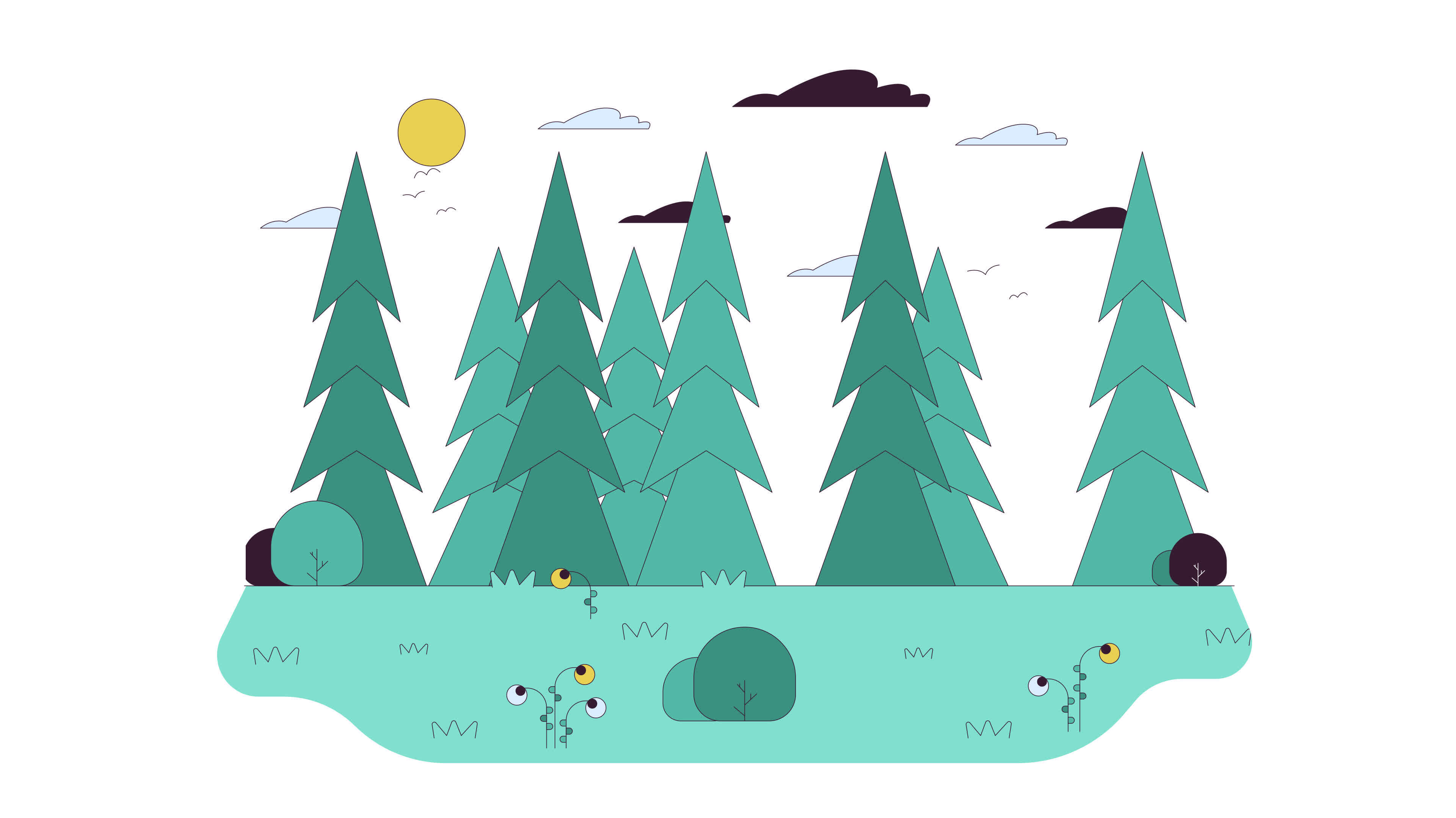 Quiet pine forest glade line cartoon animation. Wild nature exploration