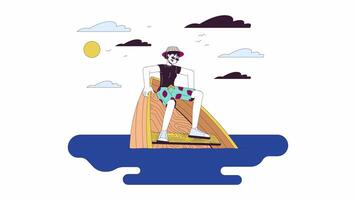 asustado asiático mujer en ahogo barco línea dibujos animados animación. accidente en agua 4k movimiento gráfico. coreano hembra en hundimiento buque 2d lineal animado personaje aislado en blanco antecedentes video
