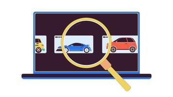 Searching car on internet platform line 2D animation. Looking at autos through magnifying glass 4K motion graphic. Online dealership linear animated cartoon flat concept, white background video