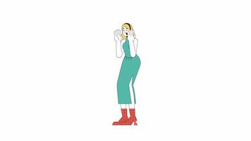 Caucasian woman getting surprised line 2D character animation. Excitement performance flat color cartoon 4K , alpha channel. Emotional european lady animated person on white background video