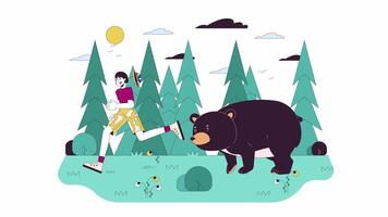 Aziatisch vrouw toerist rennen weg van beer lijn tekenfilm animatie. ongeluk Aan wandeltocht 4k beweging grafisch. Koreaans vrouw en wild dier 2d lineair geanimeerd tekens geïsoleerd Aan wit achtergrond video