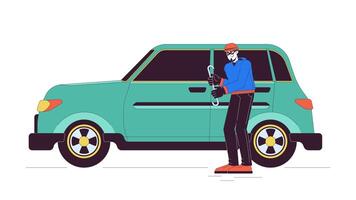 Male thief breaking into car line cartoon animation. Criminal actions 4K motion graphic. Caucasian man with crowbar near auto 2D linear animated character isolated on white background video