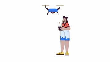 latina femme contrôler uav drone ligne 2d personnage animation. récréatif utilisation plat Couleur dessin animé 4k , alpha canaliser. hispanique femelle avec éloigné manette Animé la personne sur blanc Contexte video