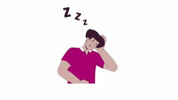 Tired latin american guy falling asleep line 2D character animation. Day nap habit flat color cartoon 4K , alpha channel. Fatigued hispanic male sleeping animated person on white background video