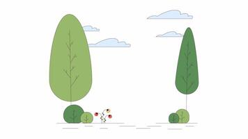 parkera träd moln linje tecknad serie animation. buskar grönska sommar utomhus Nej människor 4k rörelse grafisk. utanför springtime fredlig 2d linjär animerad landskap isolerat på vit bakgrund video