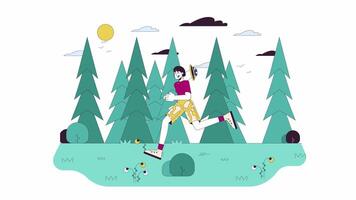 Asian woman tourist running through forest line 2D character animation. Danger in nature flat color cartoon 4K , alpha channel. Scared korean female in wood animated person on white background video