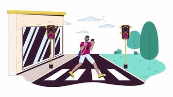 negro hombre cruce calle a rojo ligero línea 2d personaje animación. peligroso situación plano color dibujos animados 4k , alfa canal. africano americano peatonal animado persona en blanco antecedentes video