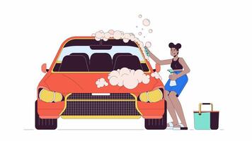 Young black woman washing car line cartoon animation. Vehicle hygienic routine 4K motion graphic. African american female care of auto 2D linear animated character isolated on white background video