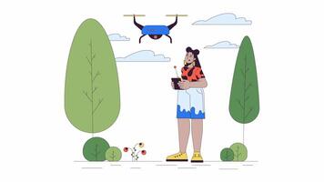 Hispanic woman flying drone in park line cartoon animation. UAV technology daily 4K motion graphic. Latina girl controlling quadcopter 2D linear animated character isolated on white background video