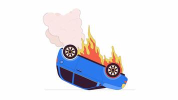 Car upside down on fire line 2D object animation. Flame on vehicle. Dangerous road accident flat color cartoon 4K , alpha channel. Auto burning after crash animated item on white background video