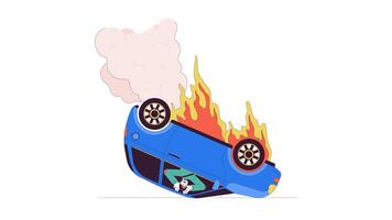 Asian man needing rescue from burning car line cartoon animation. Road accident 4K motion graphic. Korean male trapped in auto on fire 2D linear animated character isolated on white background video