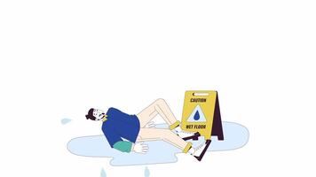 European man falling down on wet floor line cartoon animation. Slip surface warning 4K motion graphic. Caucasian male in puddle 2D linear animated character isolated on white background video