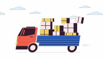 Boxes falling from driving truck line 2D object animation. Goods delivery failure flat color cartoon 4K , alpha channel. Lorry losing packages during delivery animated item on white background video