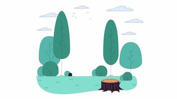 printemps saison dans forêt ligne dessin animé animation. vierge la nature Découverte 4k mouvement graphique. vide clairière avec arbre souche à des bois 2d linéaire Animé scène isolé sur blanc Contexte video