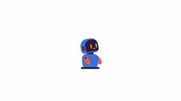 pequeno companheiro robô Uau espantado linha 2d personagem animação. companheiro brinquedo com emocional inteligência plano cor desenho animado 4k , alfa canal. robótico amigo animado robô em branco fundo video
